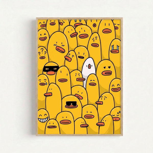Retro-style geometric line drawing of quirky yellow ducks clustered together with orange and black accents, framed as a contemporary wall art piece.