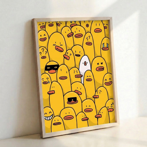Whimsical duck crowd depicted in simple black line art with warm yellow and orange tones, a minimalist poster with charming character expressions.