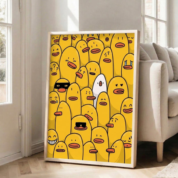 Contemporary minimalist poster showcasing a humorous assembly of yellow ducks rendered in clean black lines with geometric simplicity and playful personality.