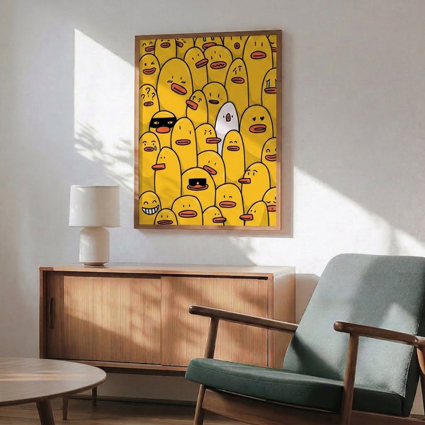 Quirky framed line art print of a densely packed yellow duck crowd with expressive faces, blending retro minimalism with cheerful orange and black details.