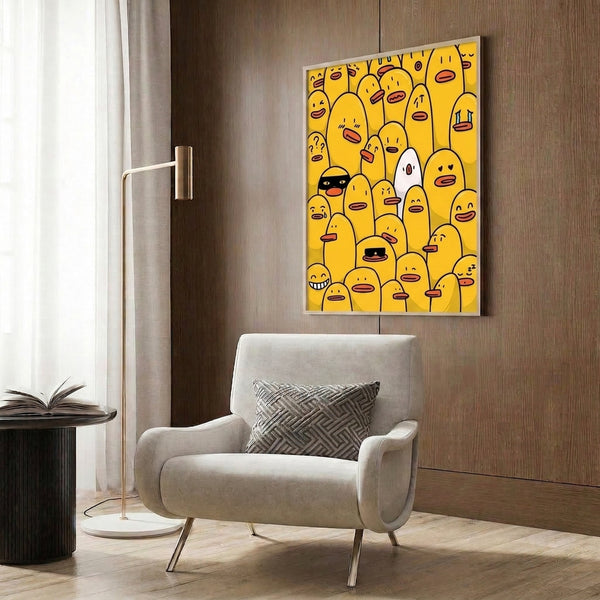 Playful minimalist composition of expressive yellow ducks in black line art style, creating a whimsical and lighthearted geometric wall poster.