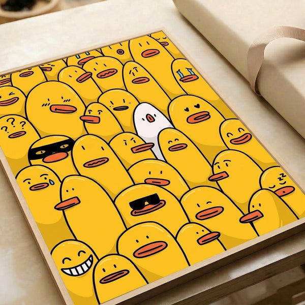Retro minimalist line drawing of a delightful duck crowd in yellow, orange, and black, featuring quirky character expressions in a geometric art style.