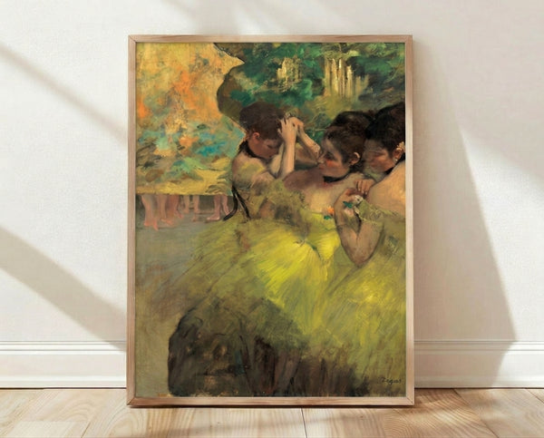 Impressionist painting of ballerinas in golden yellow costumes on stage, rendered in soft cream and pale blue tones, capturing a graceful luminous moment.