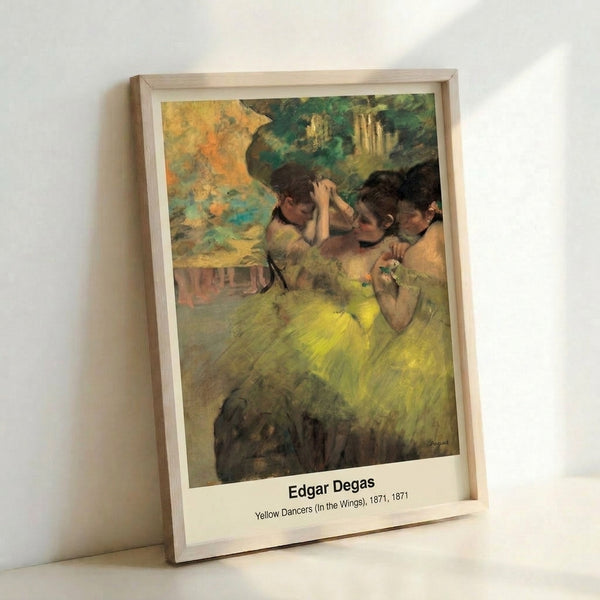 Vintage impressionist poster of ballet dancers in glowing yellow and cream, with pale blue accents, conveying gentle movement and theatrical elegance.