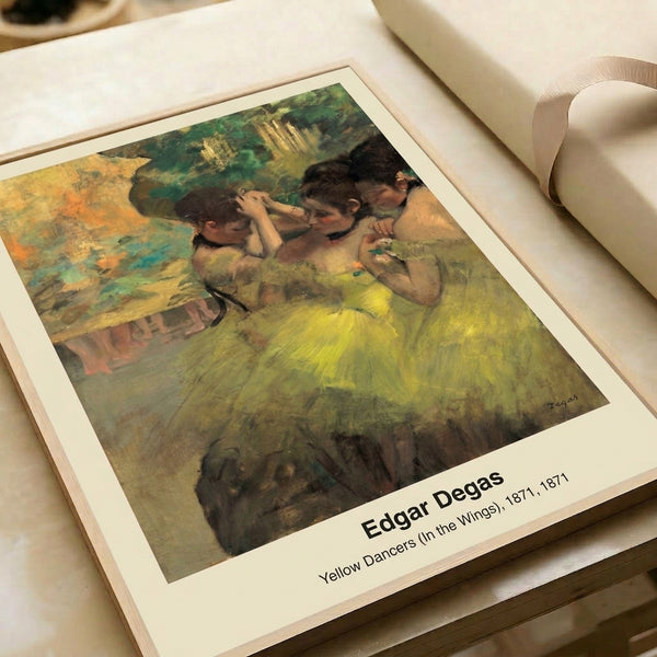 Impressionist ballet dancers poster in soft golden yellow, cream, and light blue palette, showcasing an intimate behind-the-scenes moment with graceful figures.