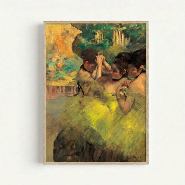Degas masterpiece depicting graceful ballerinas in golden-yellow costumes waiting in the wings, painted in delicate impressionist style with cool blue undertones and warm highlights.