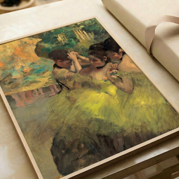 Wall art featuring Degas' dancers in luminous yellow tutus captured in a moment of quiet anticipation, painted with impressionist brushwork and a refined palette of soft blues and golds.