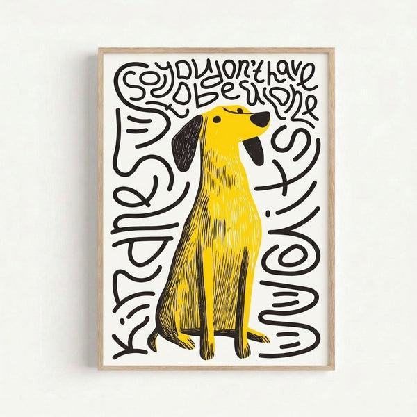 Playful black and yellow dog drawing with handwritten text design, contemporary whimsy wall art in minimalist line art style.