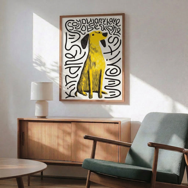 Framed art print with hand-drawn dog illustration and typography in yellow and black, whimsical modern pet-themed wall decor with folk influences.