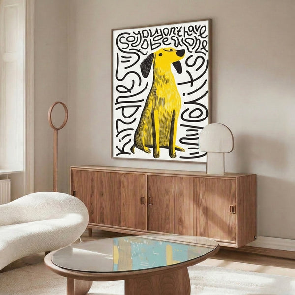 Playful poster art combining a yellow dog figure and custom lettering in black on white, modern quirky style suitable for contemporary interior spaces.