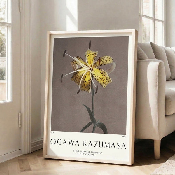 Elegant floral wall art showcasing a spotted lily rendered in soft cream, yellow, and sage tones with traditional Japanese woodblock technique.