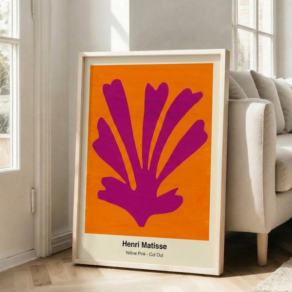 Contemporary art print showcasing softly curved yellow and pink abstract shapes on negative white space, blending playfulness with refined minimalist design.