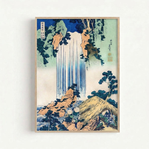 Serene landscape featuring a majestic waterfall flowing between forested mountains rendered in traditional Hokusai woodblock style with ochre and pale turquoise accents.