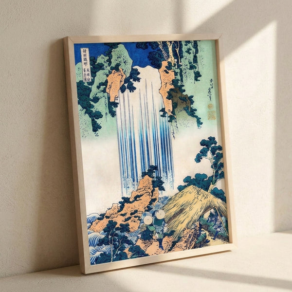 Contemplative Japandi art print showing water tumbling down steep terrain with layered forests and stone formations in a calming palette of blues, creams, and natural greens.