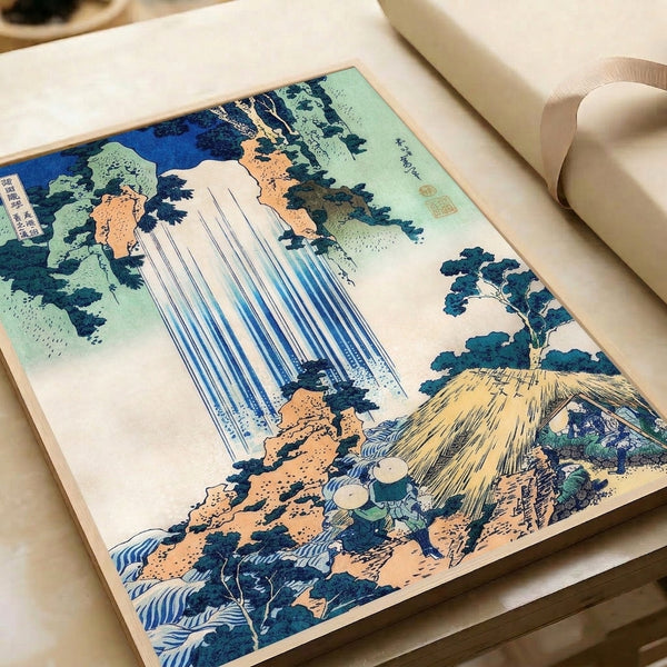 Contemplative woodblock-style poster of cascading water through a majestic mountainous landscape with ancient trees and weathered rocks in calming blues, creams, and natural earth colors.