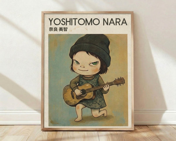 Whimsical folk art poster of a young girl holding a guitar, rendered in sage green, warm tan, and ochre tones with bold black accents in Japandi style.