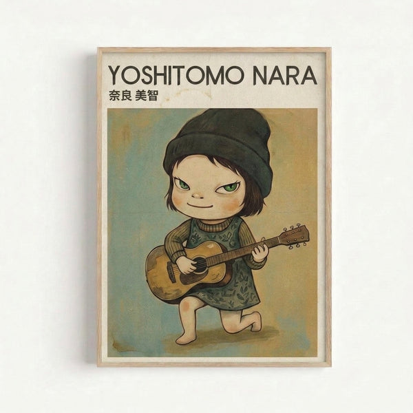 Charming framed art print featuring a cheeky child musician with guitar in muted earth tones and soft greens, blending folk art tradition with contemporary minimalist design.