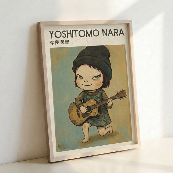 Folk art wall print depicting a playful girl with guitar in sage and ochre hues, capturing a whimsical, carefree mood through simple lines and warm vintage-inspired palette.