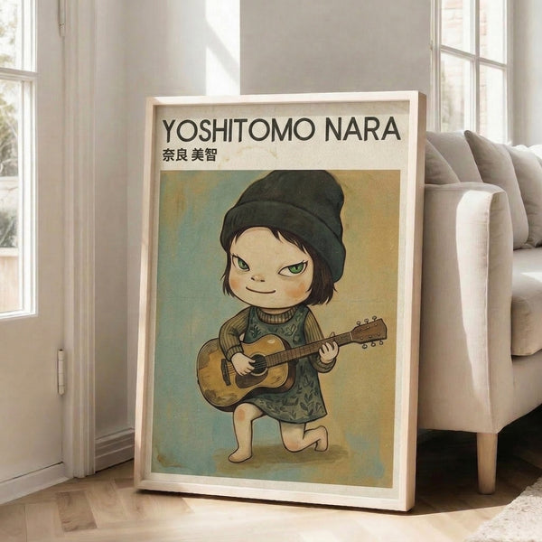 Japandi-style poster of a young musician girl with guitar rendered in soft sage green, tan, and black, evoking a charming, lighthearted folk art aesthetic.