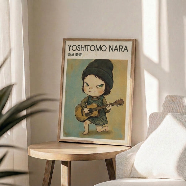 Minimalist framed print showing a spirited girl musician clutching a guitar, rendered in warm ochre and sage green with folk art charm and contemporary zen-like simplicity.