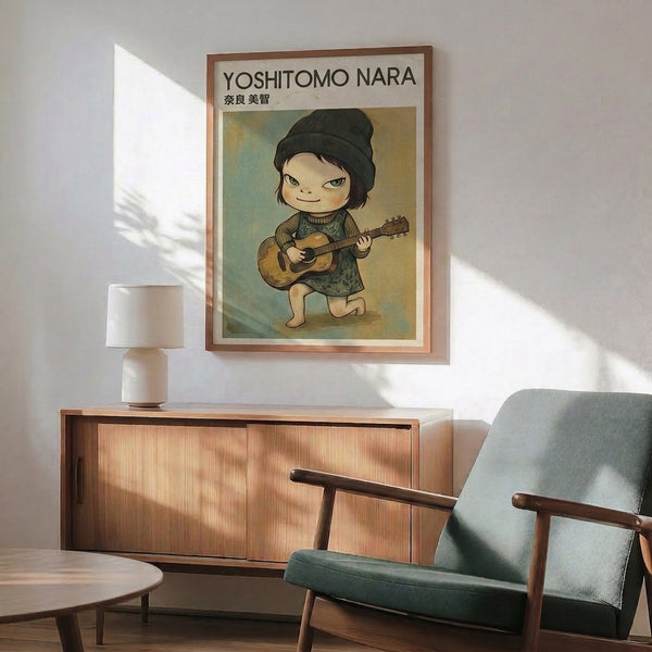 Folk art poster featuring a cheeky young guitarist in muted earth tones and sage green, displaying whimsical character and Japandi-inspired artistic sensibility.