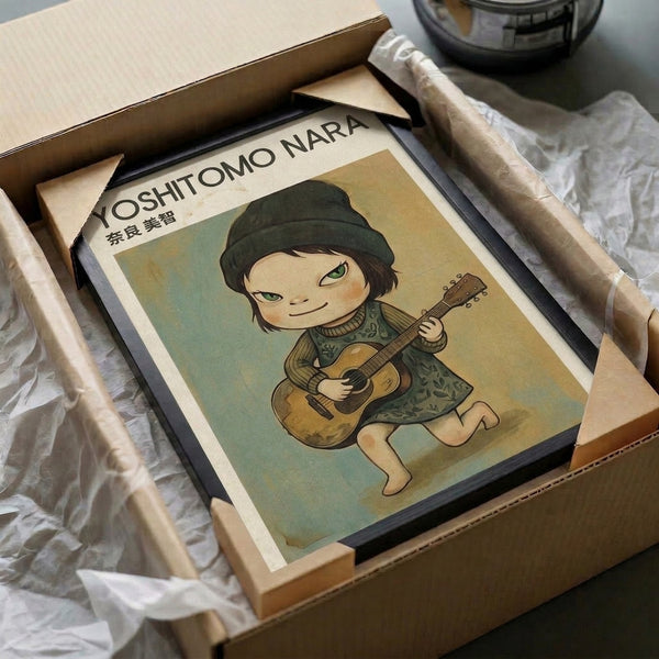 Charming wall art of a carefree girl with guitar in warm tan, ochre, and sage green tones, blending folk tradition with minimalist Japandi design aesthetics.