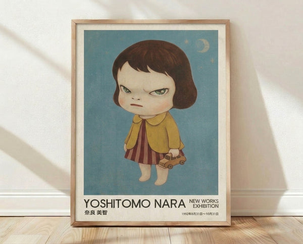 Minimalist illustration of a young girl with a contemplative expression, sitting with a toy car beneath a moon and stars, rendered in dusty blue, ochre, and burgundy tones on cream.