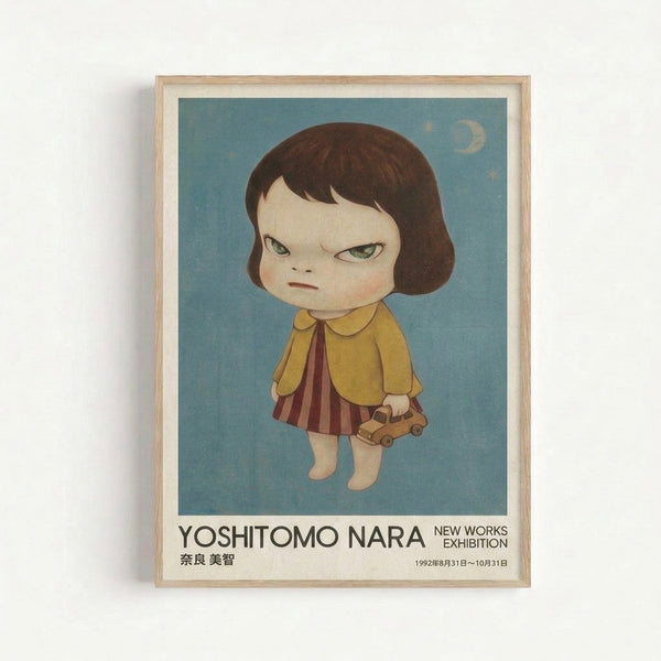 Framed poster featuring a solitary child gazing upward at celestial moon phases and stars, with a small toy car nearby, in a soft, melancholic art style with muted earth tones.