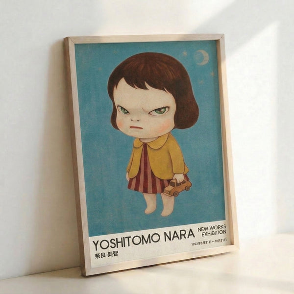 Japandi-style wall art depicting a girl in a moment of quiet defiance, accompanied by a toy car and gentle moon imagery, using pale cream, soft green, and dusty blue hues.