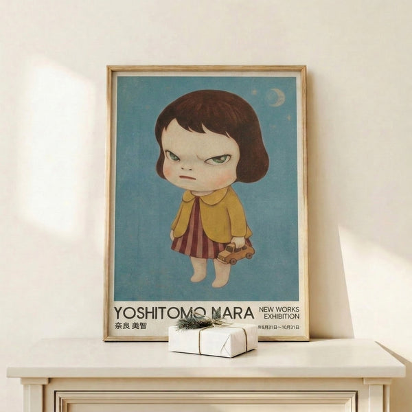 Minimalist artwork showing a young figure with a pensive mood, a toy car, and celestial elements in dusty blue and warm ochre yellows, evoking whimsy and contemplation.