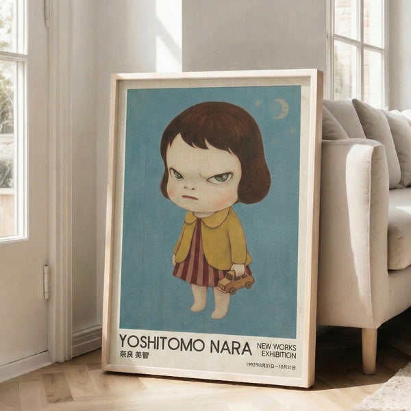 Poster print with a child in soft, muted colors of cream, burgundy, and pale green, gazing at moon and star details beside a toy car in a minimalist composition.