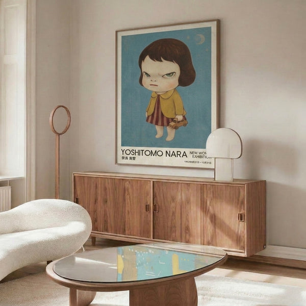 Wall art featuring a young child in a moment of quiet wonder, surrounded by celestial imagery and a toy car, rendered in melancholic minimalist style with burgundy and soft green accents.