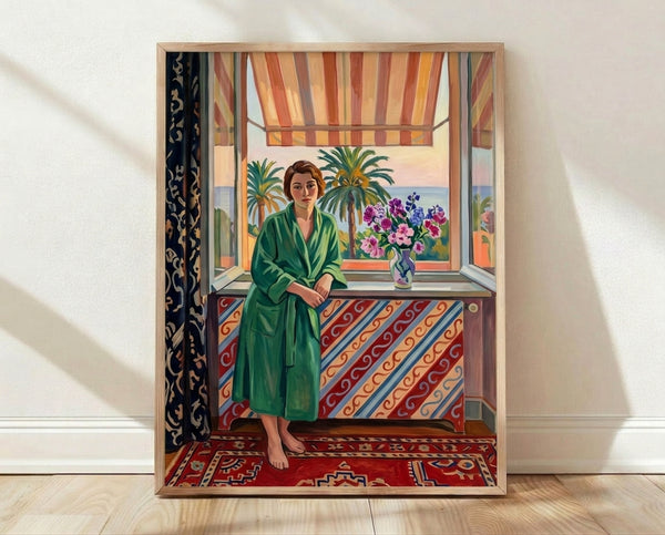 Framed portrait of a young girl wearing a vibrant green dress, rendered in Matisse's distinctive Fauvist style with bold, expressive brushstrokes and a warm, contemplative mood.