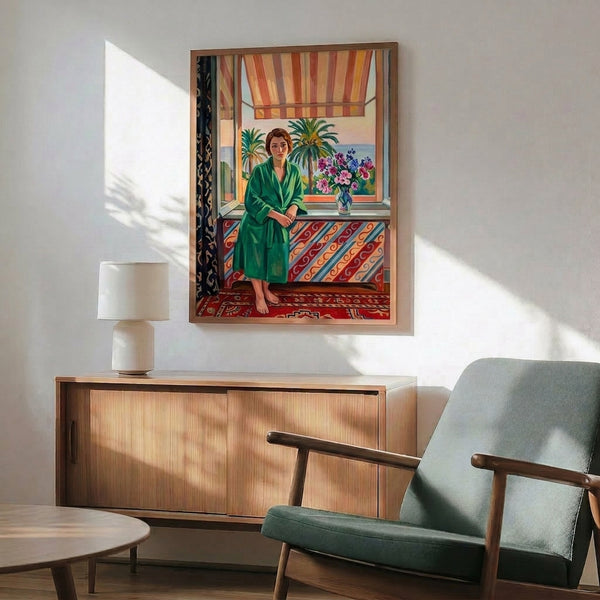 Green-dressed young girl portrait with soft, contemplative presence captured in bold Fauvist colors and fluid brushstrokes, framed as a museum-quality print.