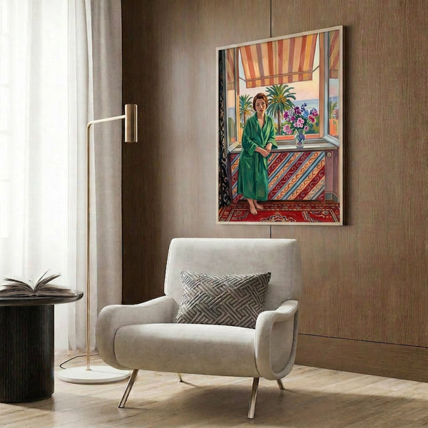 Young girl wearing a striking green dress, painted in the vibrant, emotive Fauvist manner with harmonious color play and artistic spontaneity, hanging as wall art.