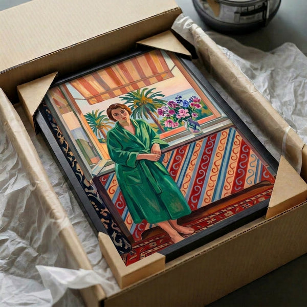 Portrait of a girl in a green dress rendered with Matisse's characteristic bold palette and loose, expressive technique, creating a warm and intimate framed painting.