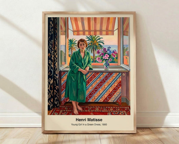 Framed portrait of a young girl wearing a vibrant green dress against warm ochre and white tones, rendered in bold expressive brushstrokes with a contemplative mood.