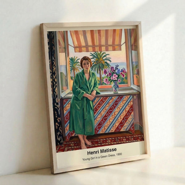 Young woman's portrait in impressionist style, adorned in a striking green dress with warm ochre background, conveying quiet contemplation through bold artistic strokes.