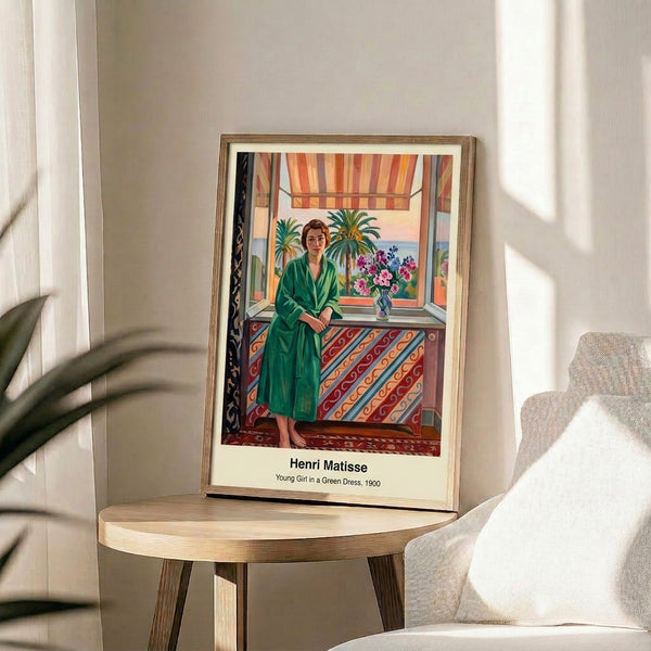 Portrait of a young girl wearing emerald green dress set against warm ochre hues, rendered in modern impressionist style with bold expressive brushwork.