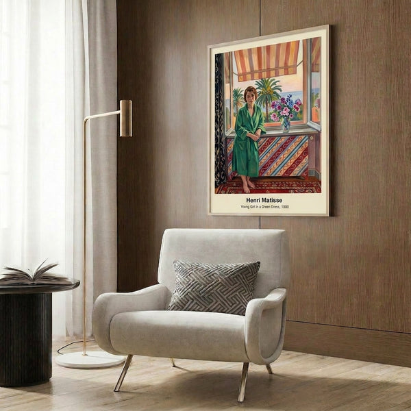 Impressionist-style framed print showing a contemplative girl in vibrant green dress, characterized by expressive color palette of white, ochre, and dark accents.