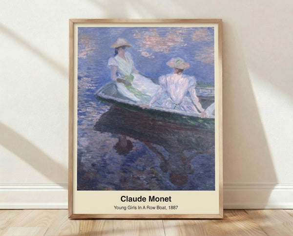 Impressionist painting of young girls in a rowboat on calm water, rendered in soft blues, rose, and green tones with dreamlike elegance, displayed as a framed art print.