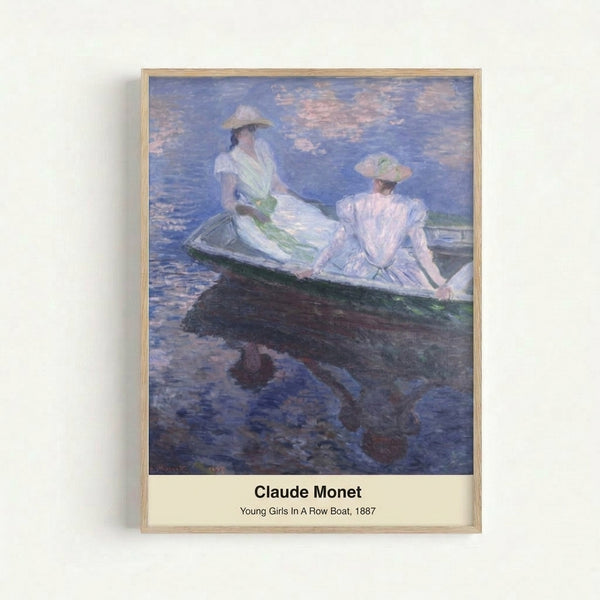 Serene river scene featuring girls in a wooden rowboat, inspired by Impressionist technique with delicate brushwork in cream, blue, and vermilion hues, shown as a wall poster.