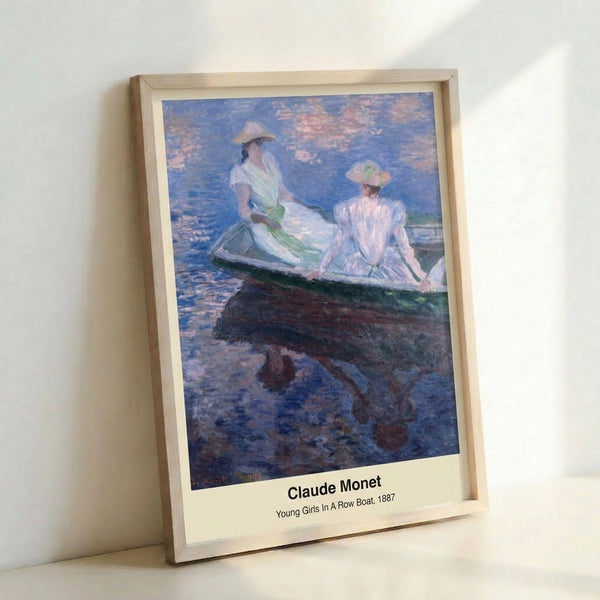Young girls seated in a rowboat on tranquil water, painted in the Impressionist style with soft color transitions of blue, green, and rose, framed as an elegant art print.