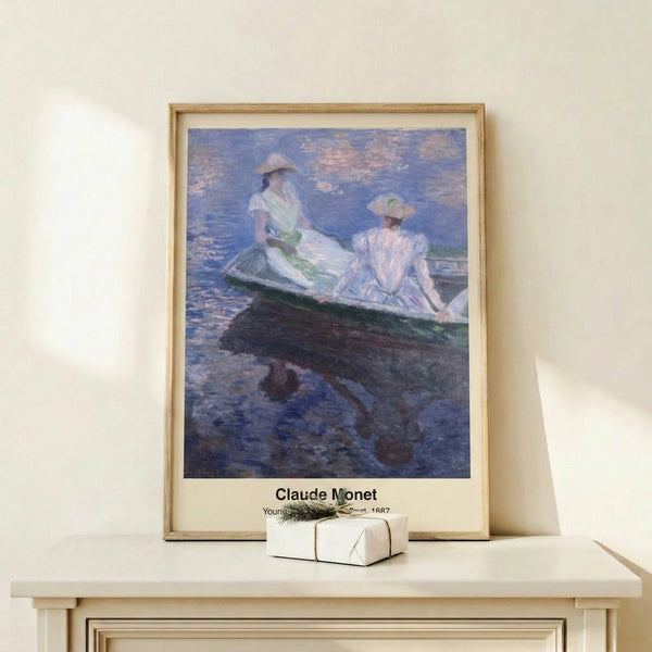 Dreamlike Impressionist composition of girls in a rowboat, blending Japanese woodblock influences with luminous blues and rose tones, presented as a framed poster.