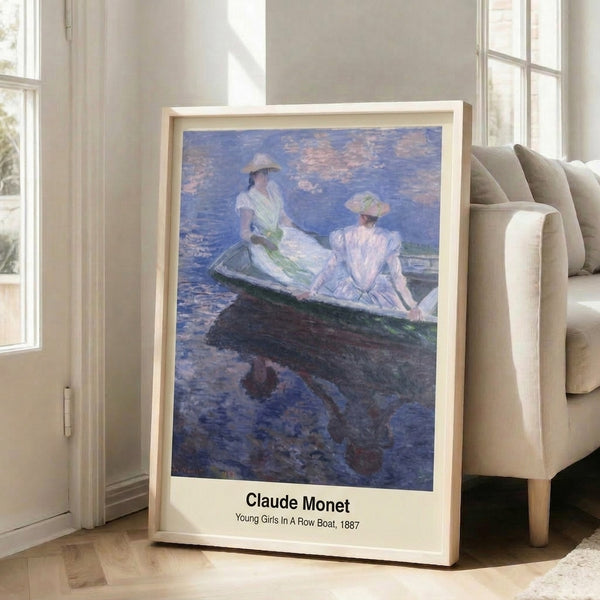 Peaceful rowboat scene with young girls surrounded by serene waterways, rendered in Impressionist technique using soft greens, blues, and vermilion accents, as a wall art print.