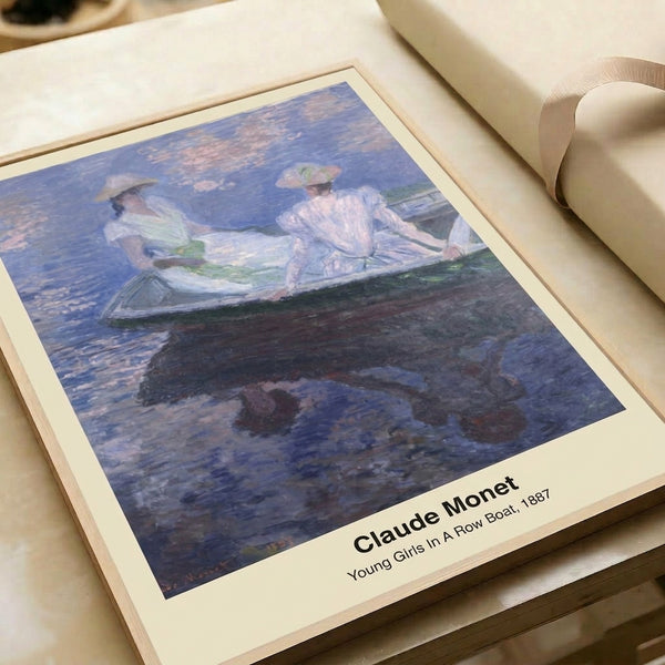 Serene Impressionist artwork depicting young girls in a rowboat, combining delicate color harmony of green, blue, and rose tones with contemplative mood, displayed as a framed art print.