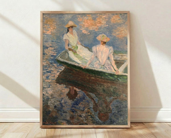 Impressionist painting of young girls seated in a row boat on calm water, rendered in soft blue and green tones with delicate brushwork.