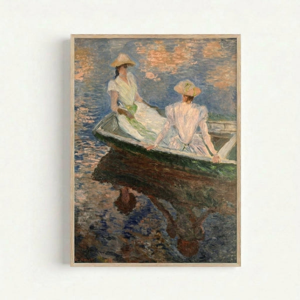 Framed art print depicting figures in a small boat on water, Monet's impressionist style with luminous colors and peaceful atmosphere.