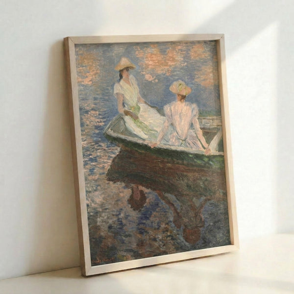 Classical impressionist artwork showing girls in a row boat, featuring translucent blues and greens with gentle, contemplative mood.