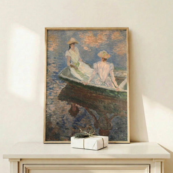 Serene water scene with young passengers in a boat, painted in soft impressionist technique with muted aquatic color palette.
